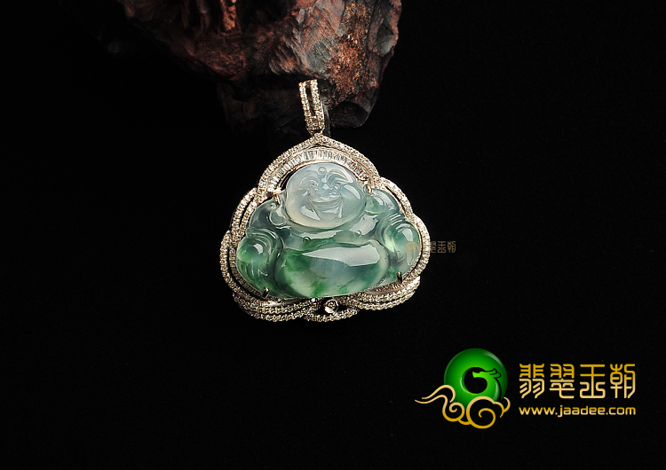 冰种飘花缅甸翡翠A货镶白金玉佛胸坠(真钻)