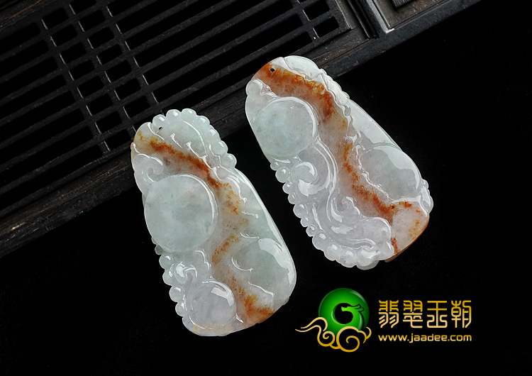 糯冰种红黄翡晴水缅甸翡翠A货龙凤牌挂件(一对)