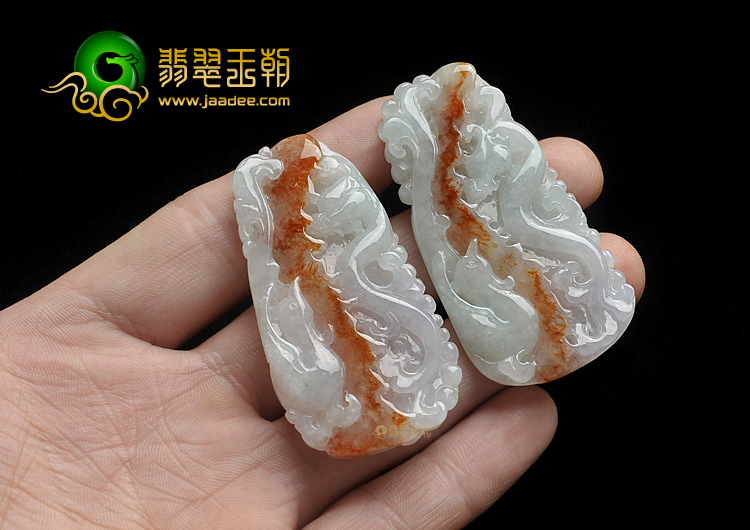 糯冰种红黄翡晴水缅甸翡翠A货龙凤牌挂件(一对)