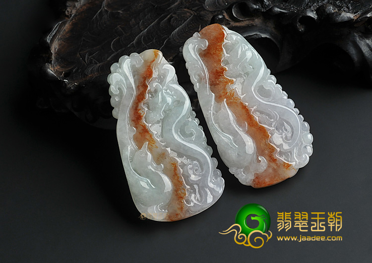 糯冰种红黄翡晴水缅甸翡翠A货龙凤牌挂件(一对)