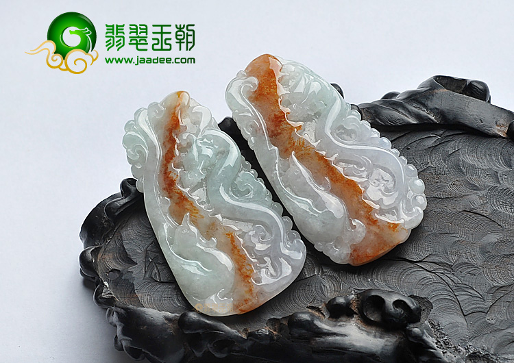 糯冰种红黄翡晴水缅甸翡翠A货龙凤牌挂件(一对)