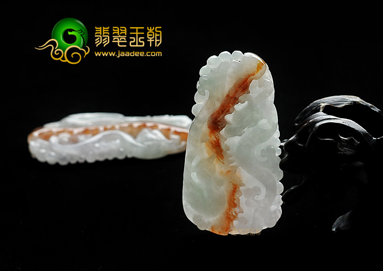 糯冰种红黄翡晴水缅甸翡翠A货龙凤牌挂件(一对)