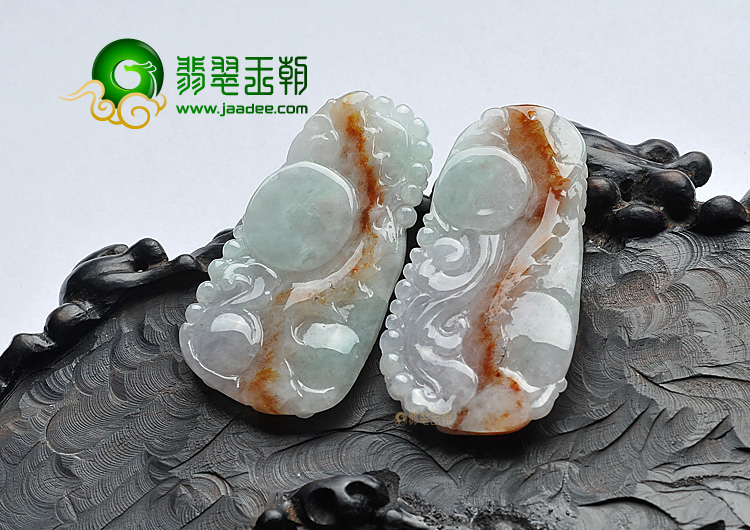 糯冰种红黄翡晴水缅甸翡翠A货龙凤牌挂件(一对)