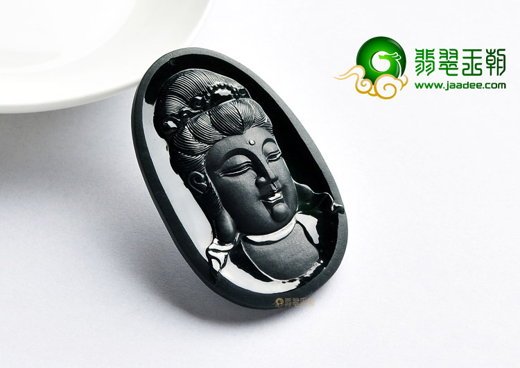 冰种墨翠缅甸翡翠A货观音头挂件