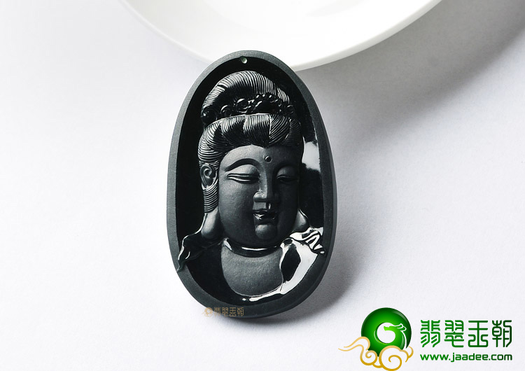 冰种墨翠缅甸翡翠A货观音头挂件