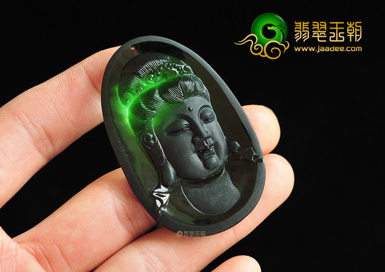 冰种墨翠缅甸翡翠A货观音头挂件