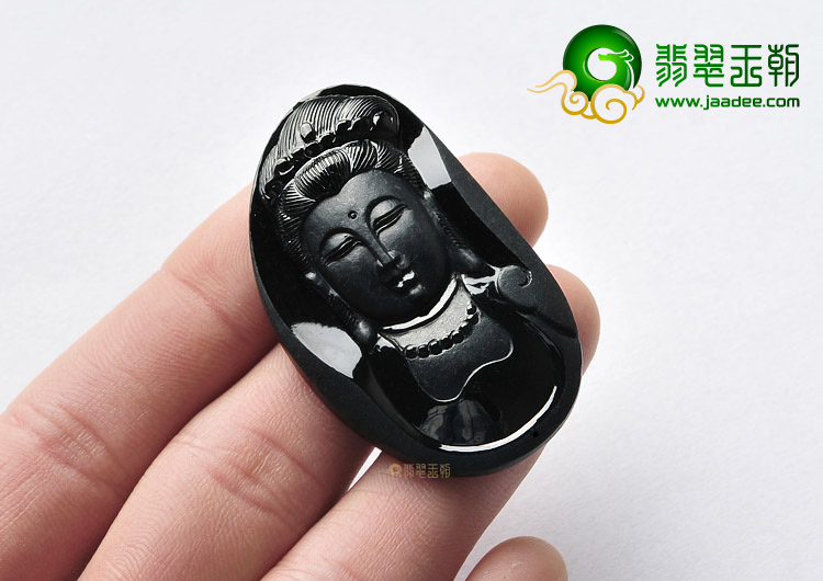 糯冰种墨翠缅甸翡翠A货观音头挂件