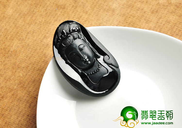 糯冰种墨翠缅甸翡翠A货观音头挂件