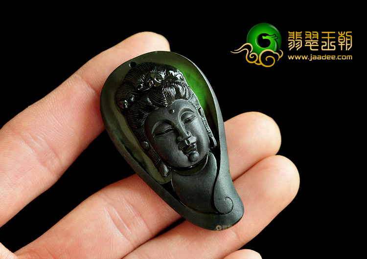 糯冰种墨翠缅甸翡翠A货观音头挂件