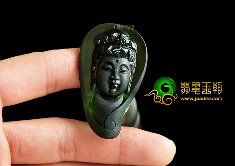 糯冰种墨翠缅甸翡翠A货观音头挂件