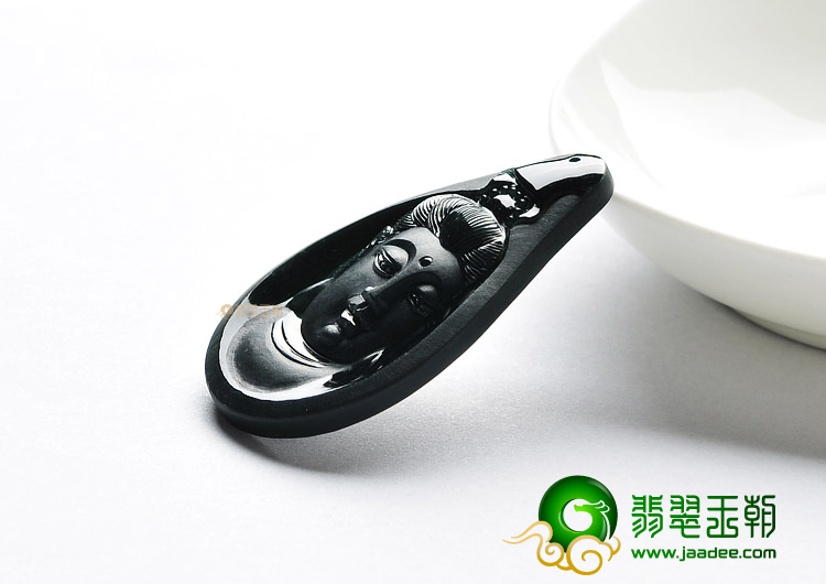 糯冰种墨翠缅甸翡翠A货观音头挂件