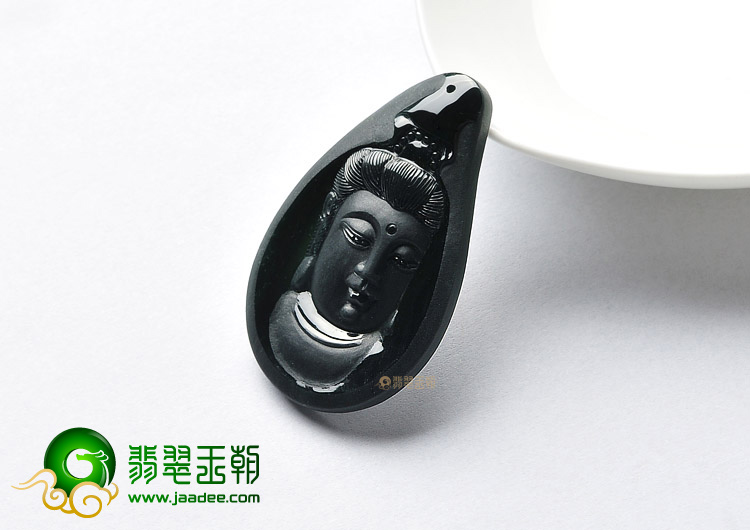 糯冰种墨翠缅甸翡翠A货观音头挂件