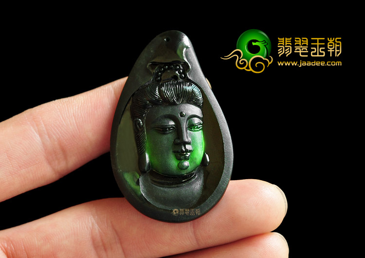 糯冰种墨翠缅甸翡翠A货观音头挂件