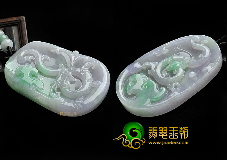 糯冰种春带彩缅甸翡翠A货龙凤牌挂件(一对)