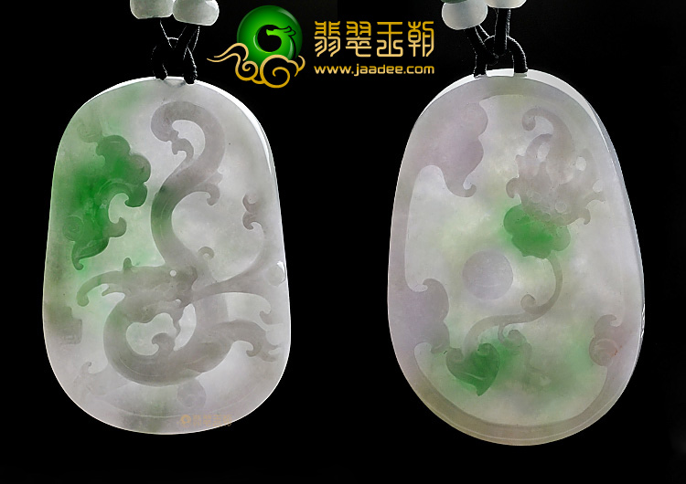 糯冰种春带彩缅甸翡翠A货龙凤牌挂件(一对)