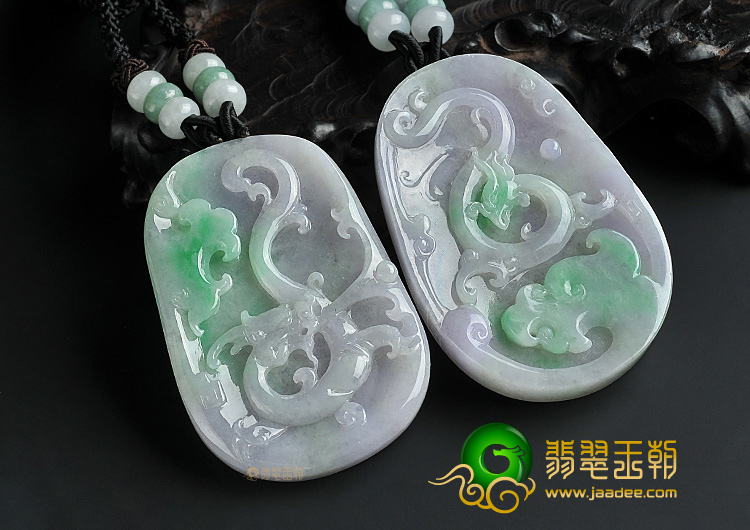 糯冰种春带彩缅甸翡翠A货龙凤牌挂件(一对)