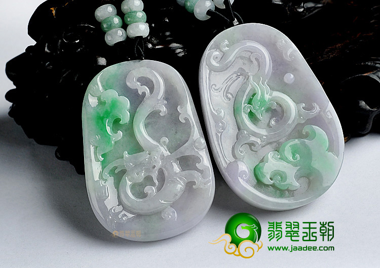 糯冰种春带彩缅甸翡翠A货龙凤牌挂件(一对)