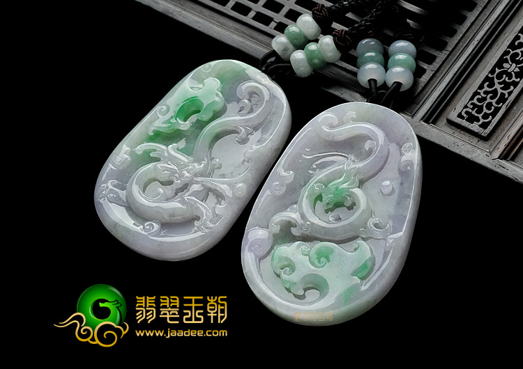 糯冰种春带彩缅甸翡翠A货龙凤牌挂件(一对)
