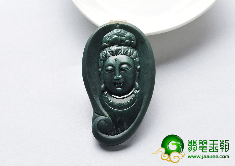 糯冰种墨翠缅甸翡翠A货观音头挂件