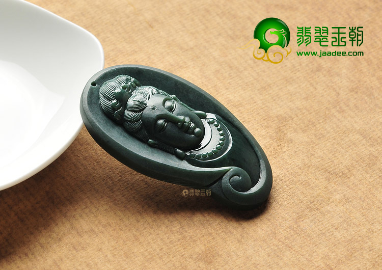 糯冰种墨翠缅甸翡翠A货观音头挂件