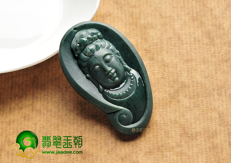 糯冰种墨翠缅甸翡翠A货观音头挂件