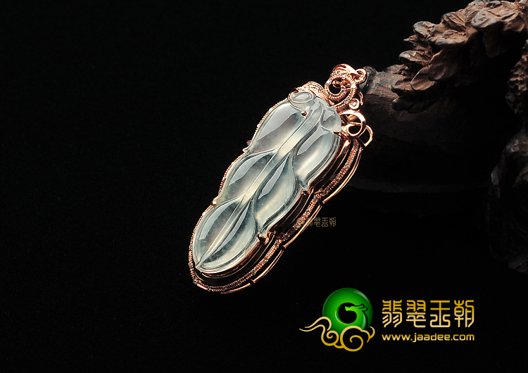 冰种无色缅甸翡翠A货镶玫瑰金金枝玉叶胸坠(真钻)