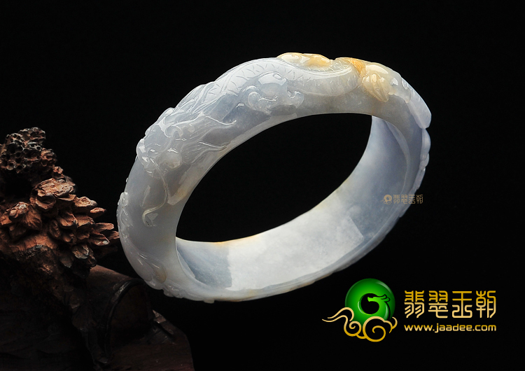 糯冰种紫罗兰带黄翡缅甸翡翠A货龙凤雕花贵妃镯(60.5mm-52mm)