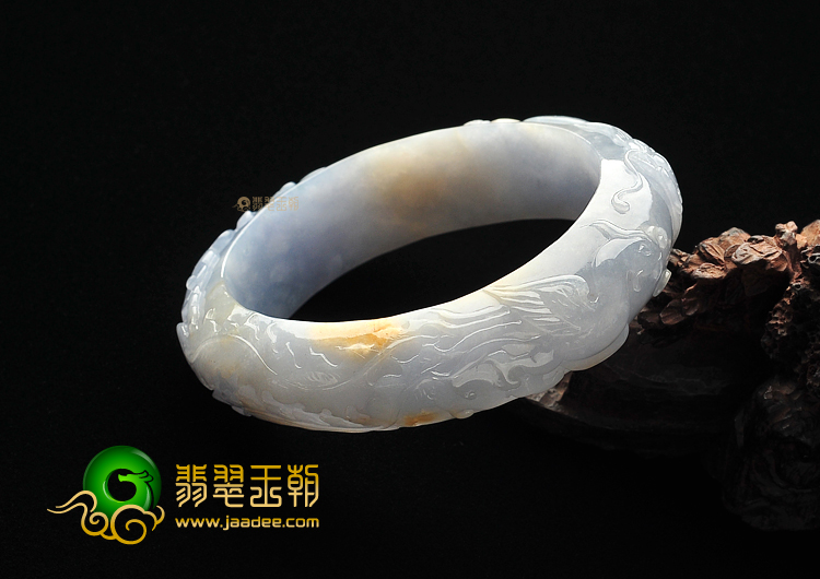 糯冰种紫罗兰带黄翡缅甸翡翠A货龙凤雕花贵妃镯(60.5mm-52mm)