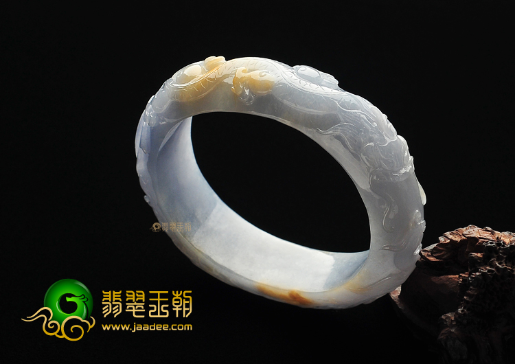 糯冰种紫罗兰带黄翡缅甸翡翠A货龙凤雕花贵妃镯(60.5mm-52mm)