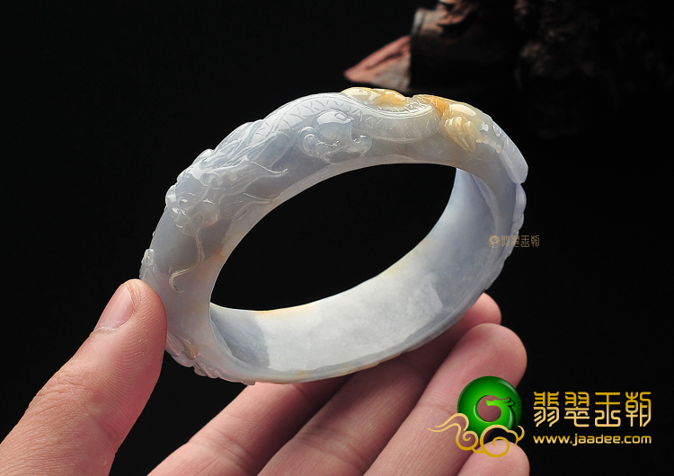 糯冰种紫罗兰带黄翡缅甸翡翠A货龙凤雕花贵妃镯(60.5mm-52mm)