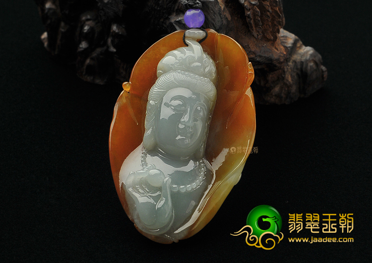 糯冰种褐黄翡缅甸翡翠A货观音头挂件