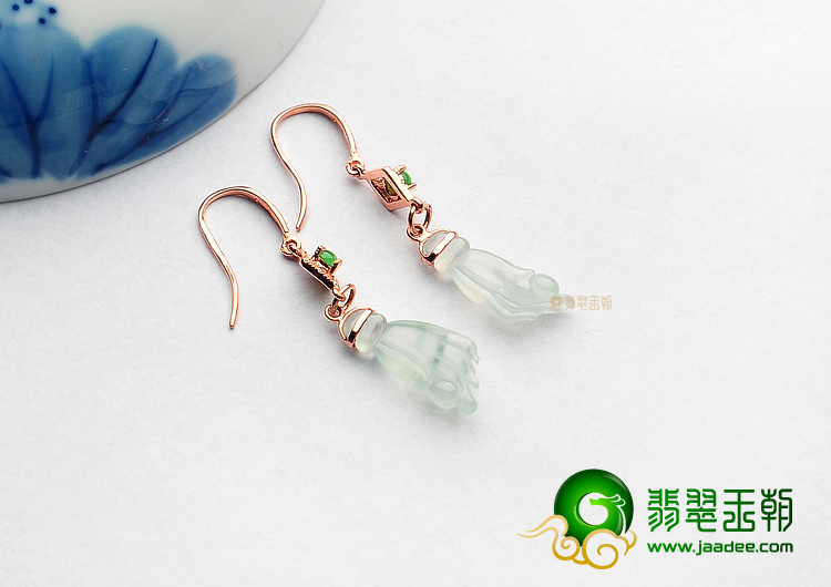 冰种淡晴水缅甸翡翠A货镶玫瑰金佛手耳坠(真钻)