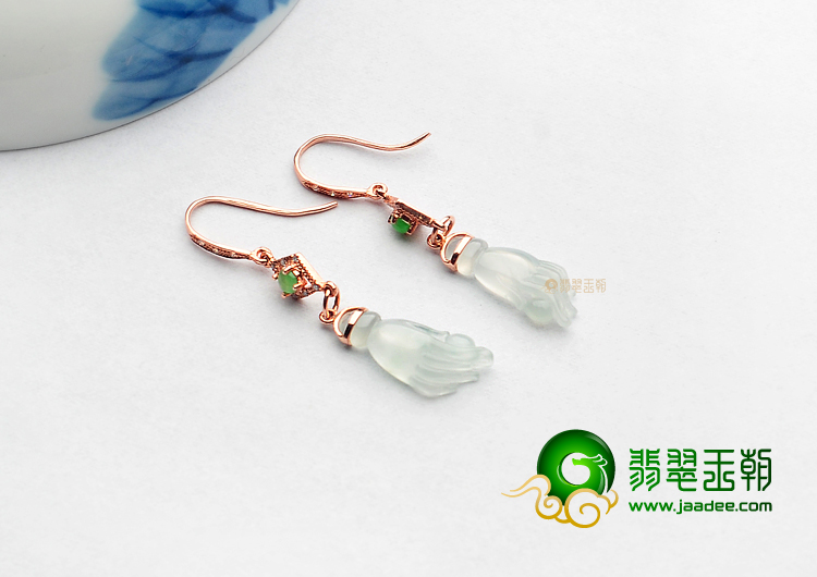 冰种淡晴水缅甸翡翠A货镶玫瑰金佛手耳坠(真钻)