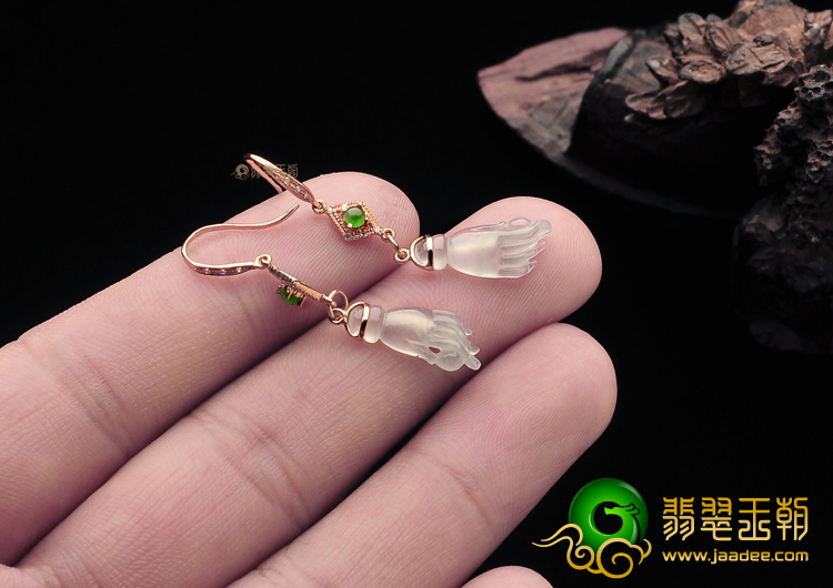 冰种淡晴水缅甸翡翠A货镶玫瑰金佛手耳坠(真钻)
