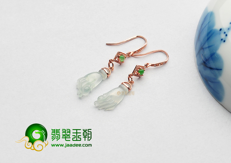 冰种淡晴水缅甸翡翠A货镶玫瑰金佛手耳坠(真钻)