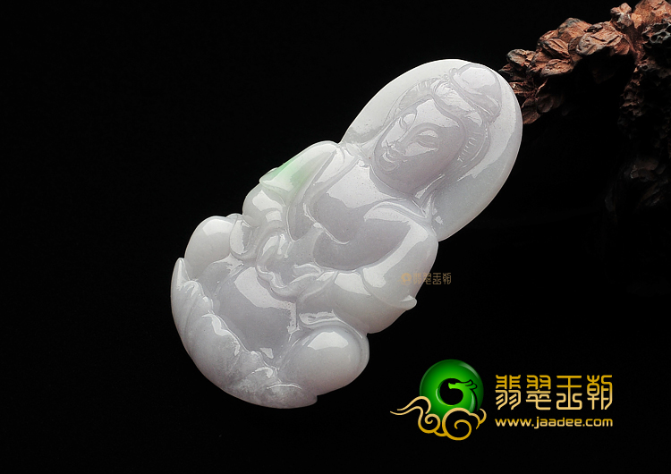 糯冰种淡春带彩缅甸翡翠A货观音挂件