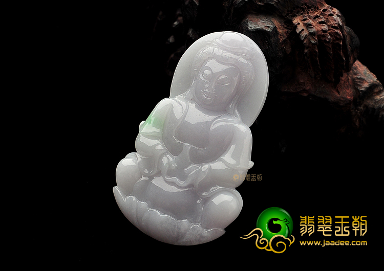 糯冰种淡春带彩缅甸翡翠A货观音挂件