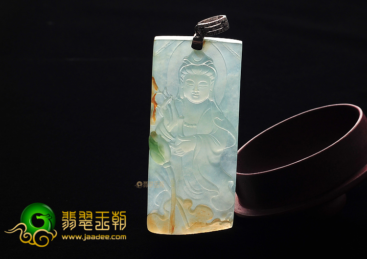冰种三彩缅甸翡翠A货站观音挂件