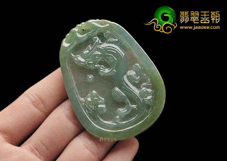 冰种晴水带褐黄翡缅甸翡翠A货龙牌挂件