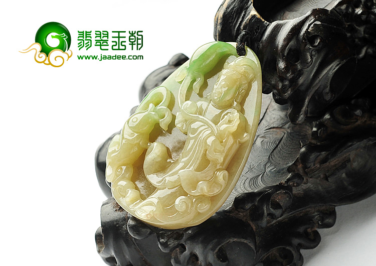 糯冰种黄加绿站观音挂件