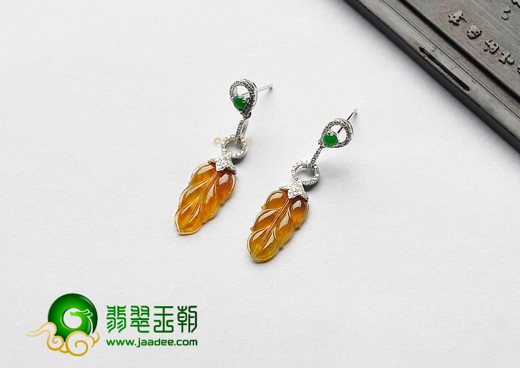 冰种褐黄翡镶白金金枝玉叶耳坠(真钻)