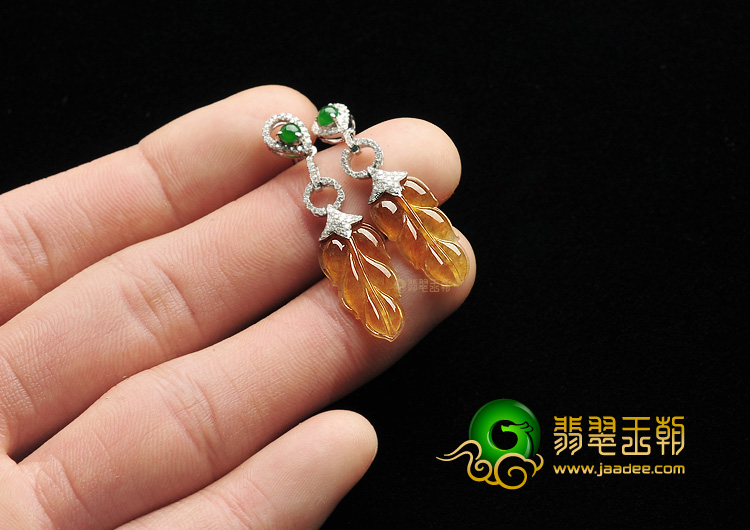 冰种褐黄翡镶白金金枝玉叶耳坠(真钻)