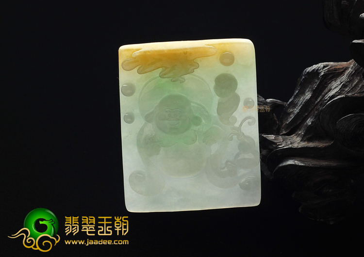 糯冰种晴水黄翡童子拜佛挂件