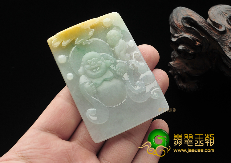 糯冰种晴水黄翡童子拜佛挂件