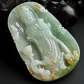 糯冰种飘花缅甸翡翠A货站观音挂件