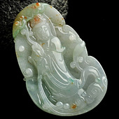 糯冰种飘花缅甸翡翠A货站观音挂件