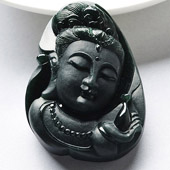 糯冰种墨翠缅甸翡翠A货观音头挂件