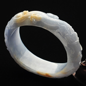 糯冰种紫罗兰带黄翡缅甸翡翠A货龙凤雕花贵妃镯(60.5mm-52mm)