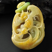 糯冰种黄加绿缅甸翡翠A货蝙蝠如意挂件