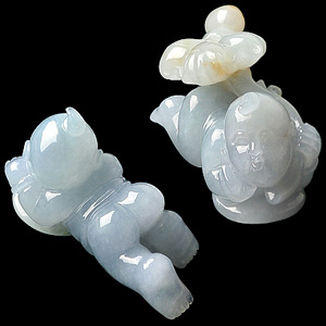 糯冰种晴水略带褐黄翡招财童子挂件(一对)